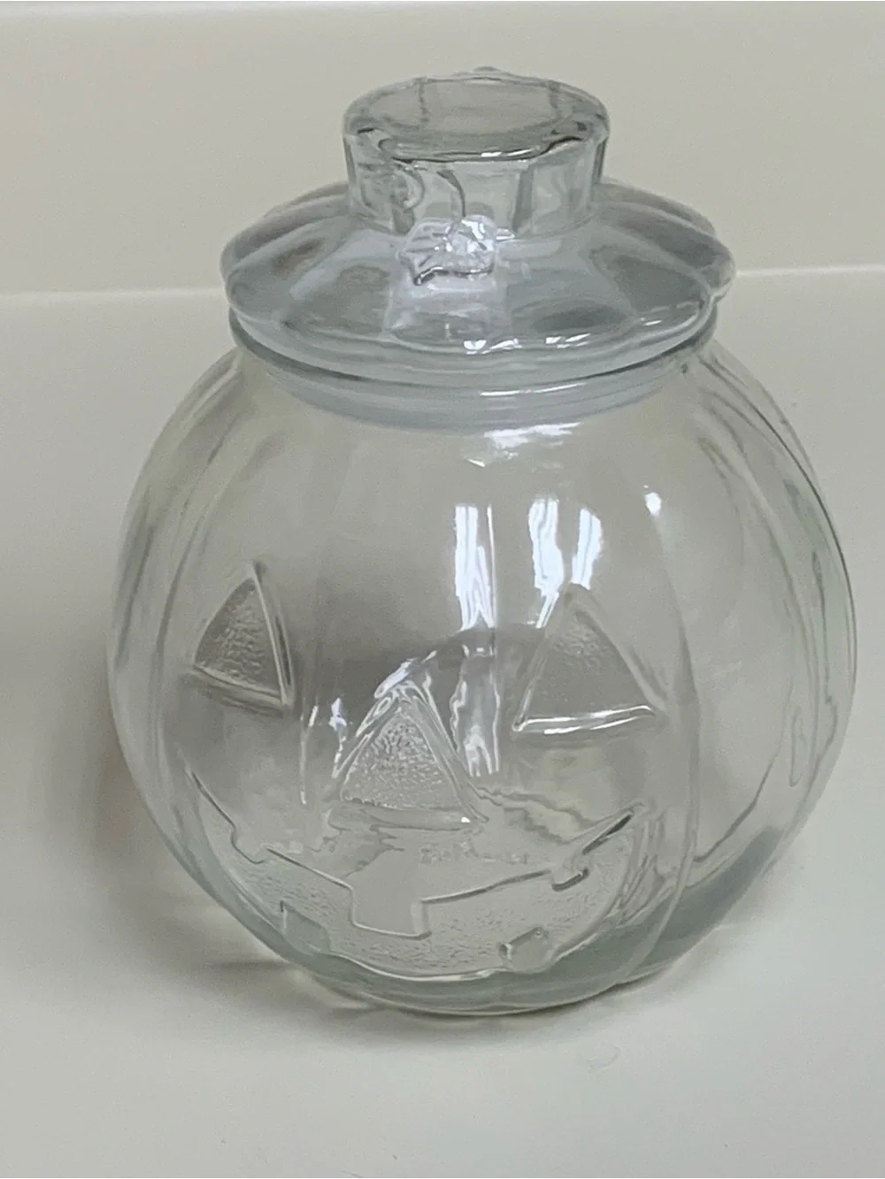 Vtg Clear Glass Jack O'Lantern Pumpkin Candy Jar w/ Lid 6.5